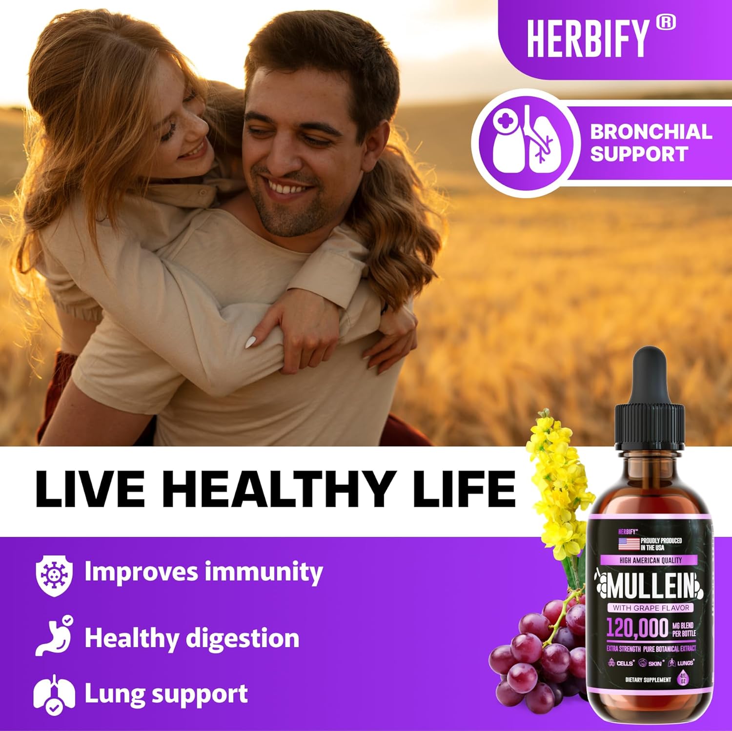 HERBIFY Mullein Drops - Lung Cleanse - Leaf Extract - Powerful Mullein for Immune Support, Detox & Respiratory Support - Made in USA - Herbal Supplements - 4 Oz Grape Flavor