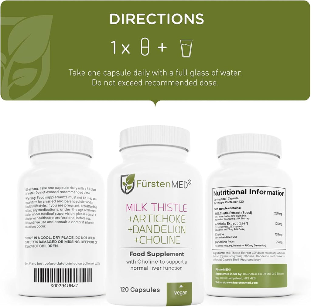 FürstenMED Milk Thistle with Artichoke Extract, Dandelion Root & Choline - Normal Liver Health Supplement - Highly Dosed with 80% Silymarin - Vegan Liver Support - 120 Non-GMO Capsule