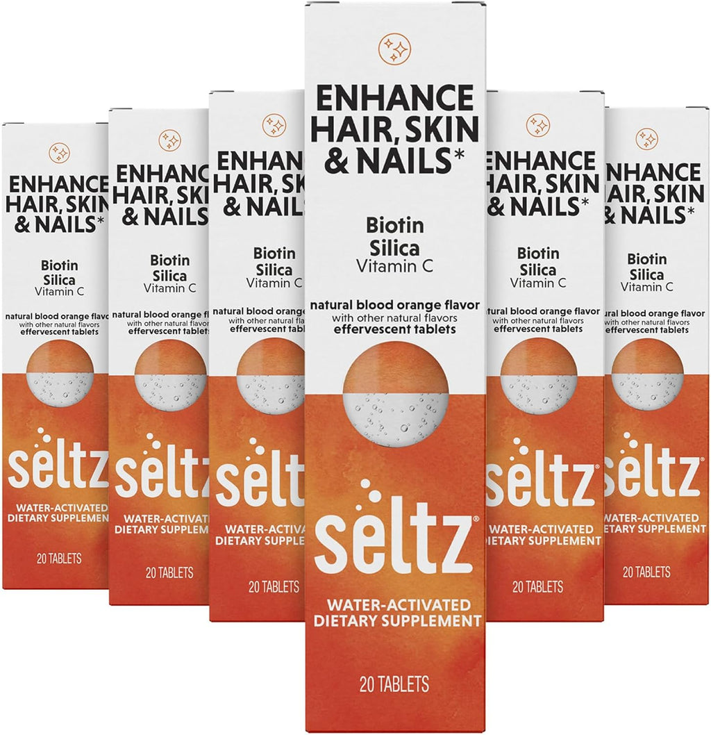 Seltz® Water-Activated Vitamins - Enhance Hair, Skin & Nails with Vitamin C, Silica, and Biotin – Natural Blood Orange Flavor Dietary Supplement - 6 Packs x 20 Effervescent Tablets Each