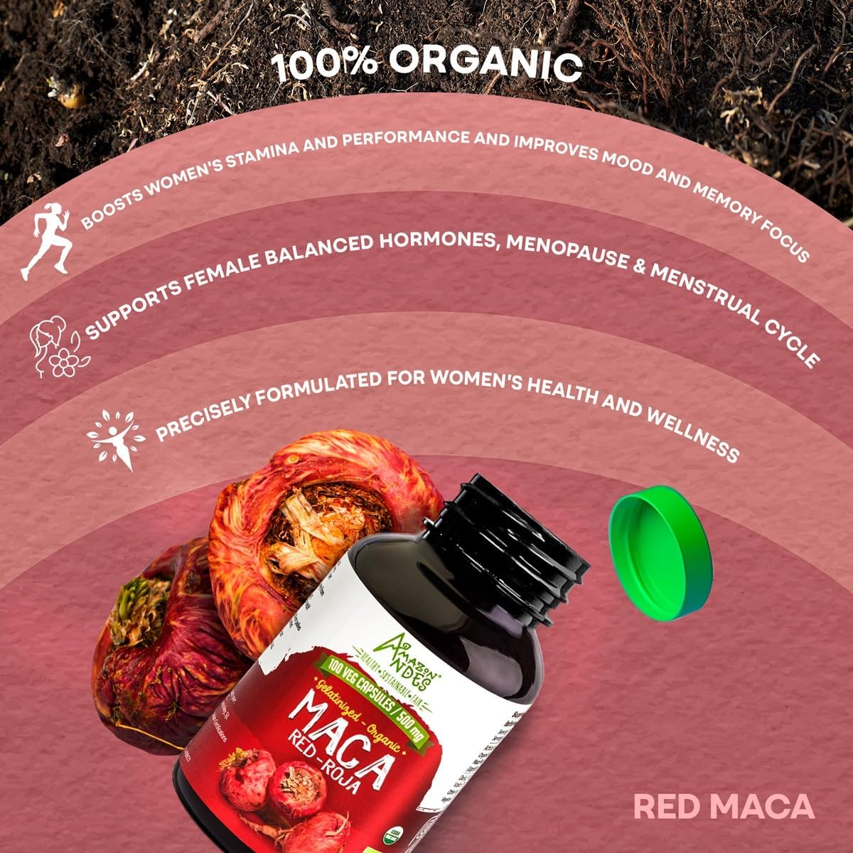 Amazon Andes Red maca Root Capsules - Female Health Supplement - Natural Energizer - USDA NOP Certified - Genitalized, Non GMO & Gluten Free - 100 Vegan Pills (1500mg per Serving) - Made in Peru