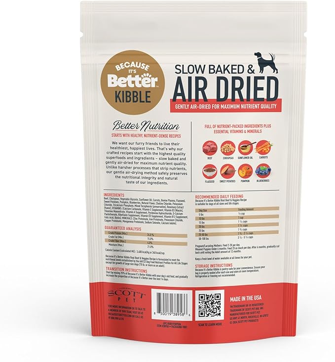 Because It's Better Slow Baked and Air Dried Dog Food, Real Beef and Veggies, 1lb Bag, Complete and Balanced Dry Dog Food, for All Life Stages