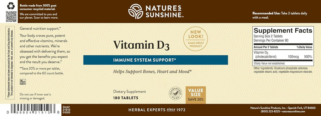 Nature's Sunshine Vitamin D3, 180 Tablets | Supports Bone Health, Contributes to Overall Health, and May Improve Mood