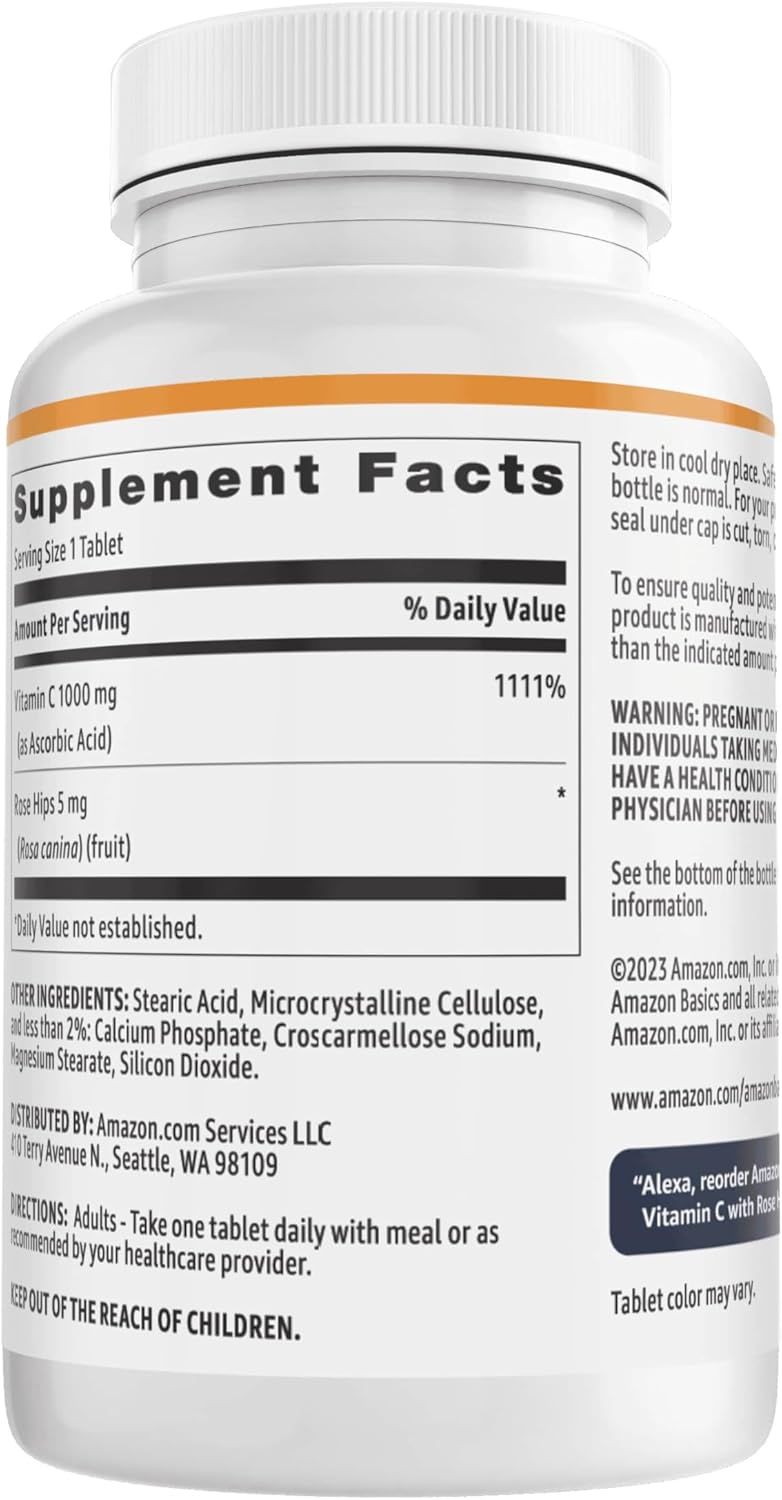 Amazon Basics - Vitamin C, 1000 mg with Rose Hips 5mg, 90 tablets (1 per serving), Gluten Free
