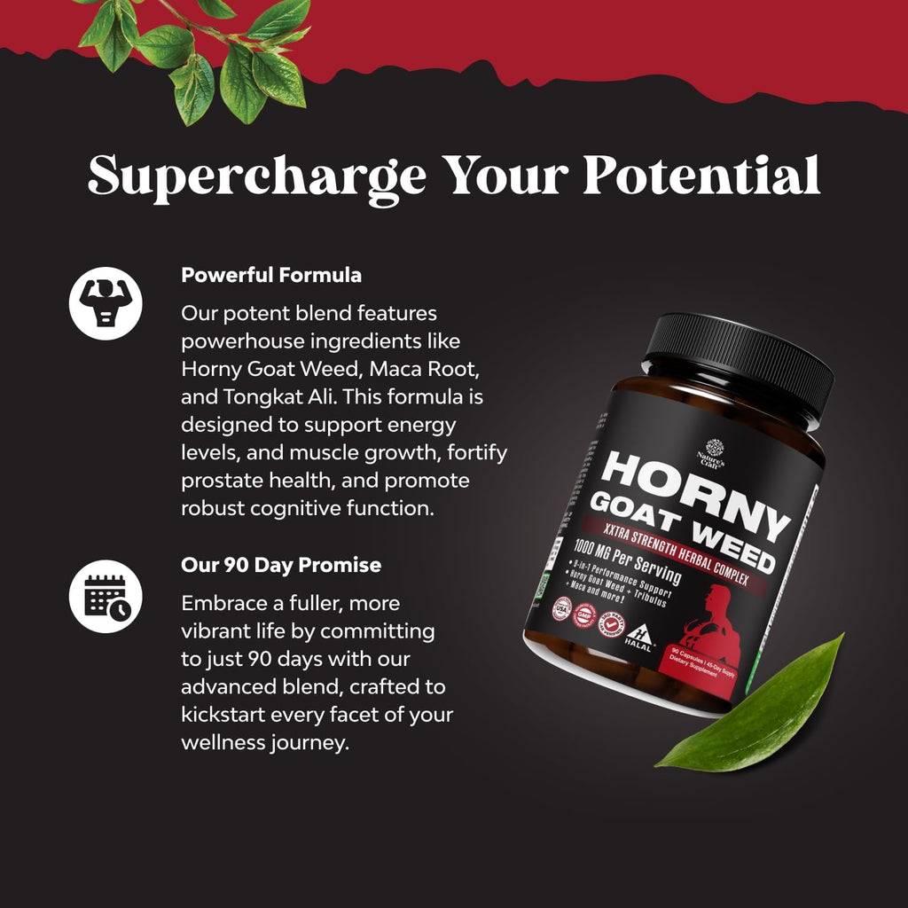Natures Craft Horny Goat Weed for Men - Extra Strength Male Supplement with Black Maca Root, Tongkat Ali, Saw Palmetto & Panax Ginseng Extract for Stamina & Energy - 90 Capsules