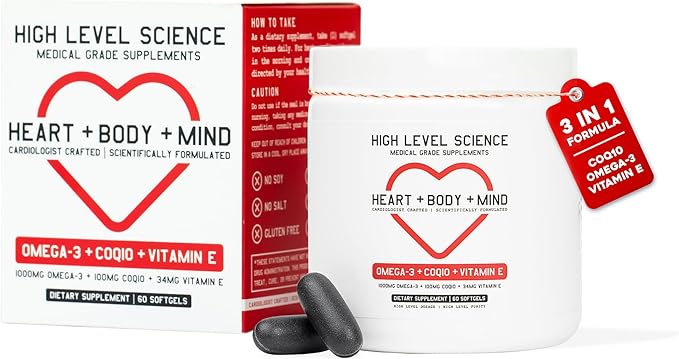 High Level Science CoQ10, Omega-3, Vitamin E - Cardiologist Formulated for Heart + Body + Mind Health with DHA/EPA, Antioxidant for Energy, Superior Bioavailable Fish Oil - Gluten Free