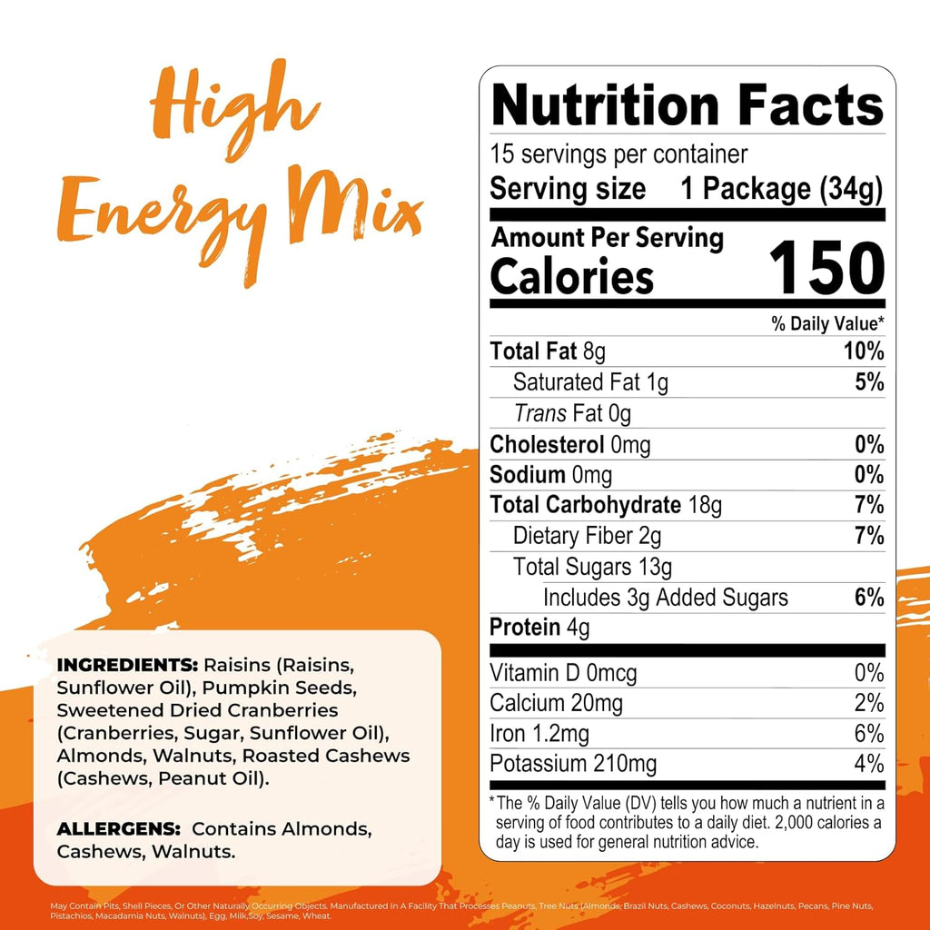 Nature's Garden High Energy Mix, Deluxe Mixed Nuts, Energy Boost, High Energy Trail Mix, Cranberries, Raisins, Almonds, Walnuts, Cholesterol Free, Sodium Free, No Artificial Ingredients – 1.2 Oz Bags (15 Individual Servings)