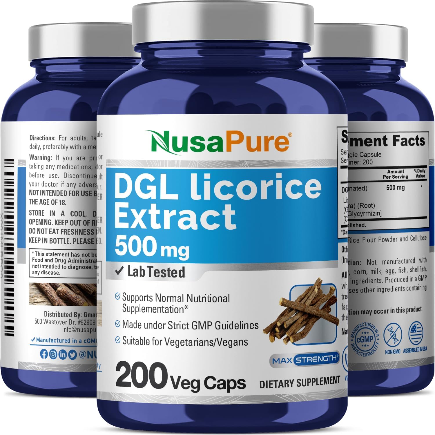 NusaPure DGL Licorice Extract 500 mg 200 Veggie Capsules (Vegan,Non-GMO)