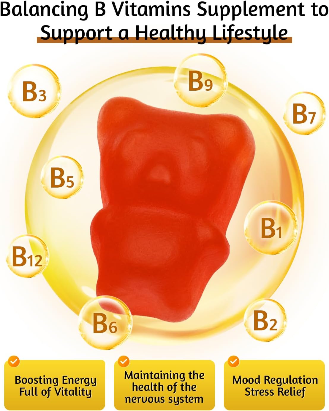 Vitamin B Complex Gummies for Adult - 120 Count, Apple Flavor, Chewable Supplement with 8 Essential B Vitamins (B1, B2, B3, B5, B6, B7, B9, B12) - Vegan, Supports Energy, Metabolism & Overall Health