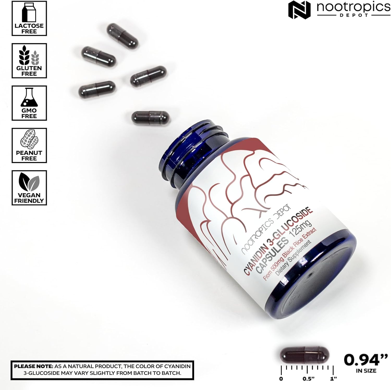 Nootropics Depot Cyanidin 3-Glucoside Capsules | 125mg | 60 Count | Black Rice Extract | C3G | Oryza Sativa | Metabolic, Vision, & Cognitive Support
