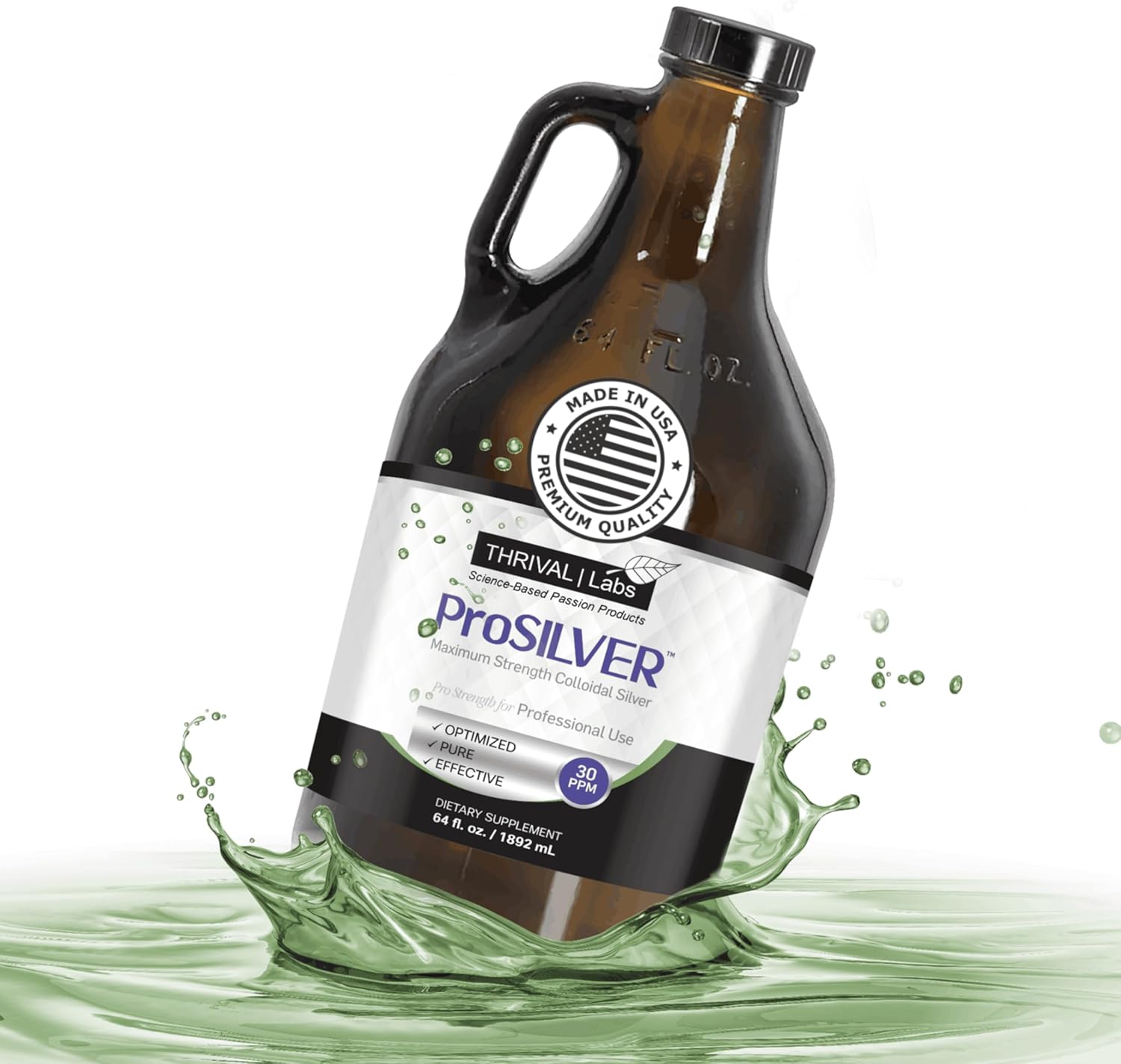 ProSILVER Black Label Pro-Strength Colloidal Silver for Immune Support, 30 PPM Maximum Strength for Professional Use, Dark Glass Bottle - Thrival Labs (64oz)