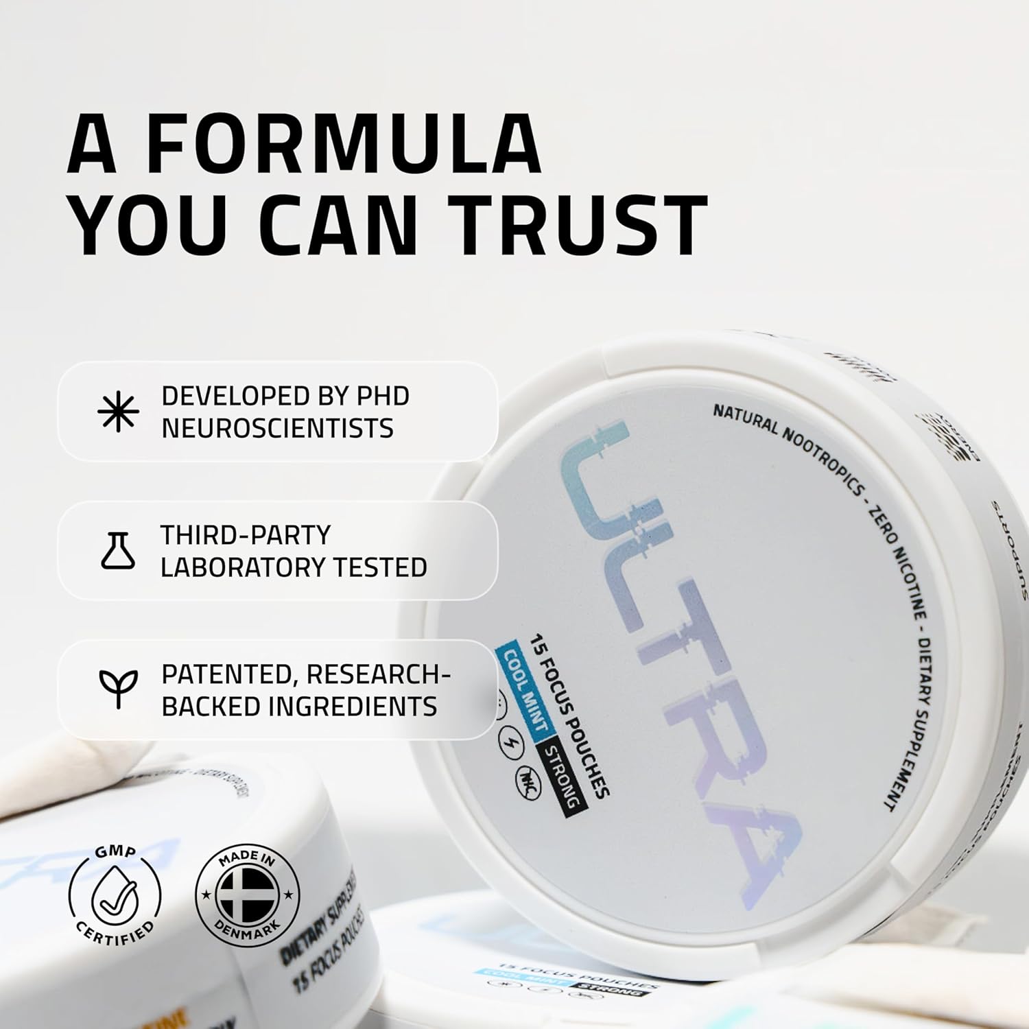 Ultra Focus Pouches with Vitamin B12, L Theanine, Vitamin B6, Ginseng & Alpha GPC, Natural Adaptogens and Nootropics for Energy and Clarity, Plant Based and Caffeine Free, Cool Mint, 3 Pack