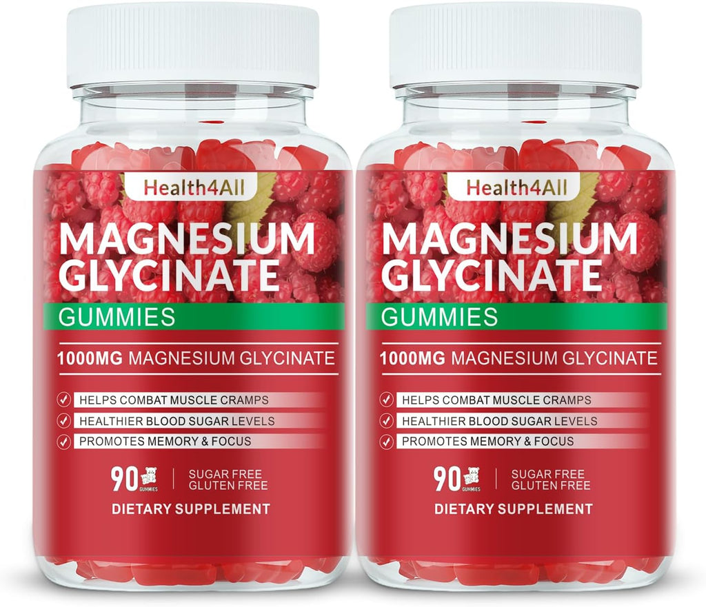 Magnesium Glycinate Gummies 1000mg, High Absorption Sugar Free Magnesium Potassium Supplement for Relaxation, Stress Relief, and Sleep Support for Adults & Kids - 180 Raspberry Gummies