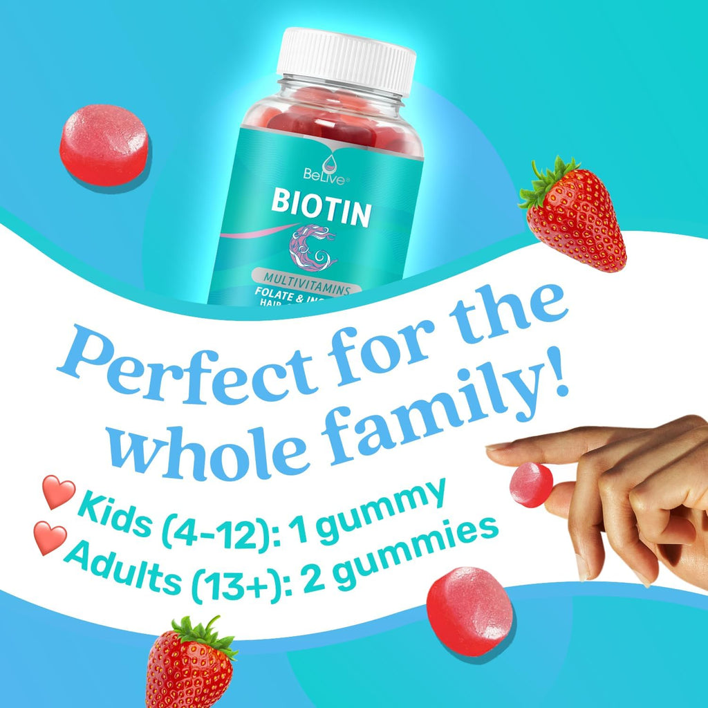 BeLive Biotin Gummies with MultiVitamins, Folate, Inositol – Supports Hair Growth, Healthy Skin & Nails – Vegan, Pectin Based – Strawberry Flavor (2)