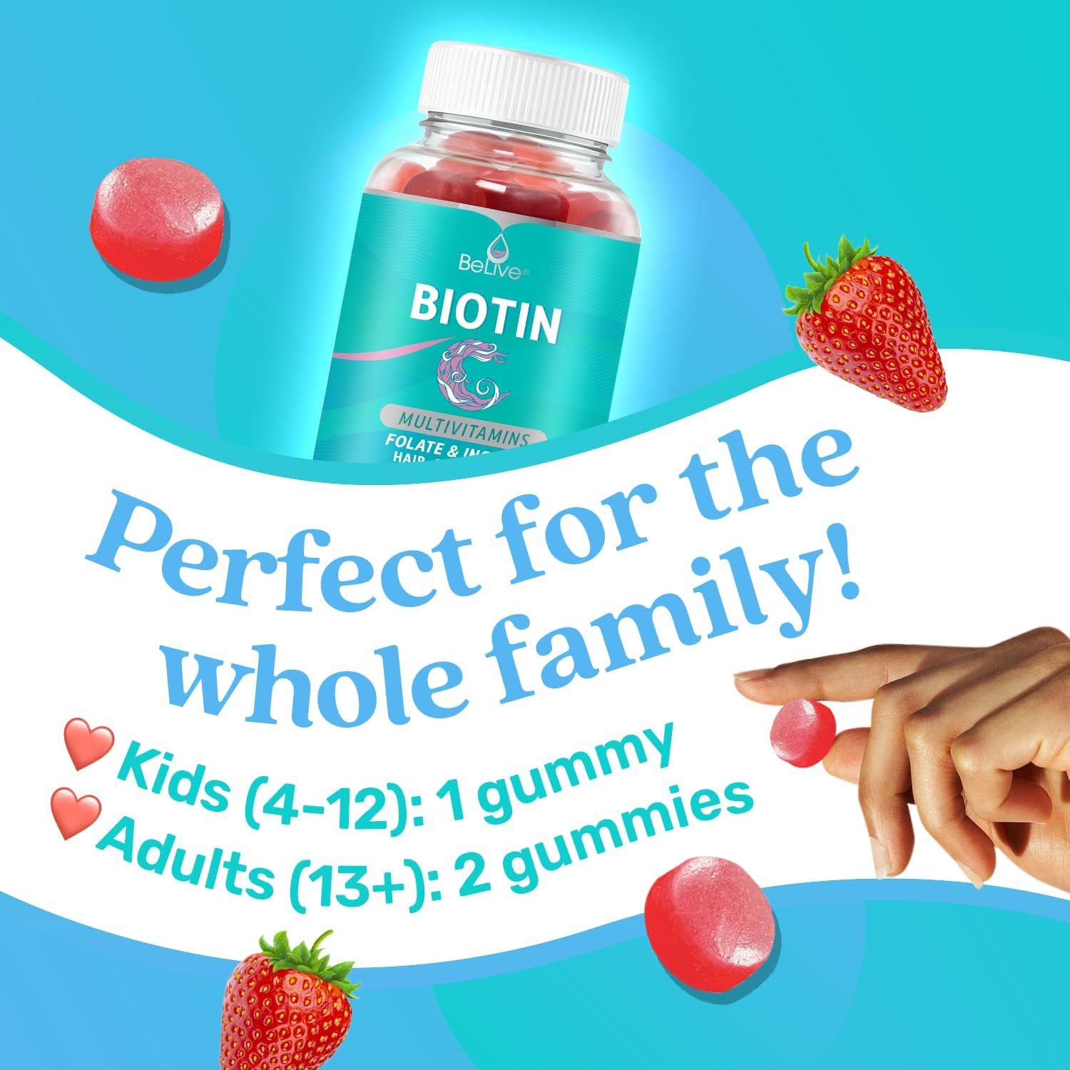 BeLive Biotin Gummies with MultiVitamins, Folate, Inositol – Supports Hair Growth, Healthy Skin & Nails – Vegan, Pectin Based – Strawberry Flavor (2)