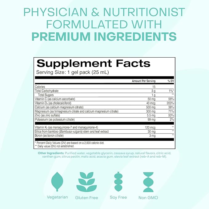Healthycell Bone Strength Liquid Supplement - Bone Health Supplement with Calcium, Magnesium, Vitamin D3 & Vitamin K2 for Bone Density & Preservation - 30 Gel Packs, Tropical Flavored