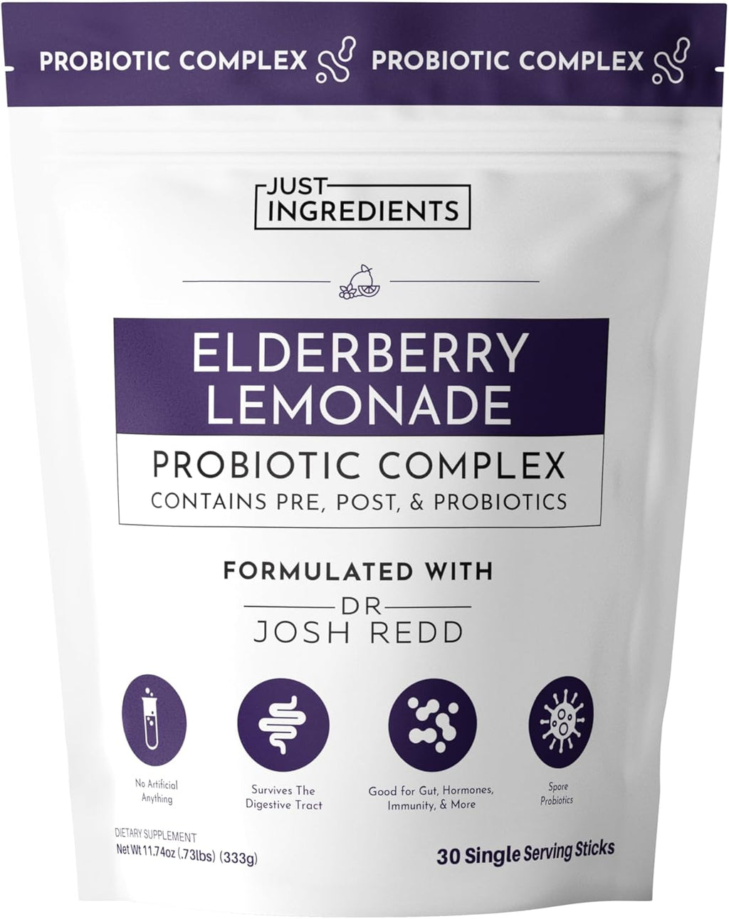 Elderberry Lemonade 3‑In‑1 Probiotic Complex – 30‑Stick Drink Mix with Prebiotics, Probiotics & Postbiotics – 5 Billion CFU Spore Strains + Lemon Extract – Immune, Gut & Digestive Support