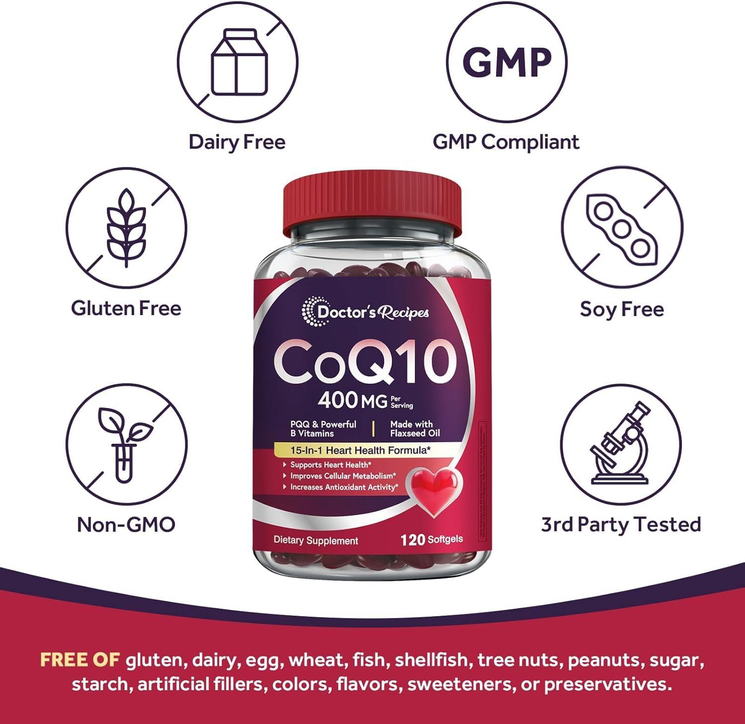 Doctor's Recipes Coq10 400mg Softgels, Ubiquinone with PQQ, Niacin, Vitamin K2 D3, Folate, Plus Black Pepper, High Absorption, Powerful-Antioxidant, Support Heart & Energy-Production, 120 Counts