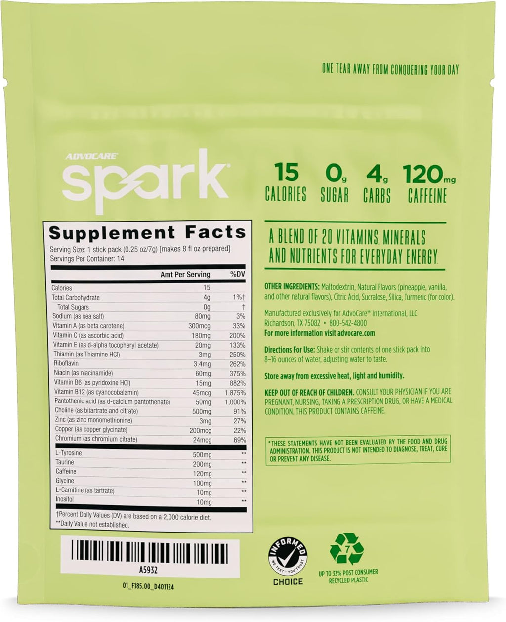 AdvoCare Spark Vitamin & Amino Acid Supplement - Focus & Energy Drink Powder Mix with Vitamin A, B-6, C & E - Also Includes L-Carnitine & L-Tyrosine - Pineapple Whip, 14 Stick Packs