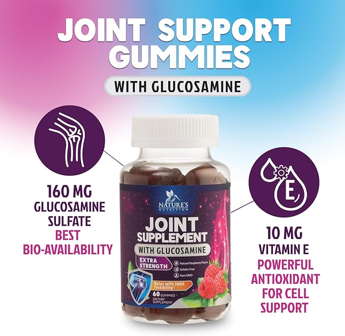 Joint Support Gummies - Glucosamine Plus Vitamin E Nature's Joint Support Supplement for Occasional Discomfort for Back, Knees & Hands - Cartilage & Joint Health & Flexibility Support - 60 Gummies