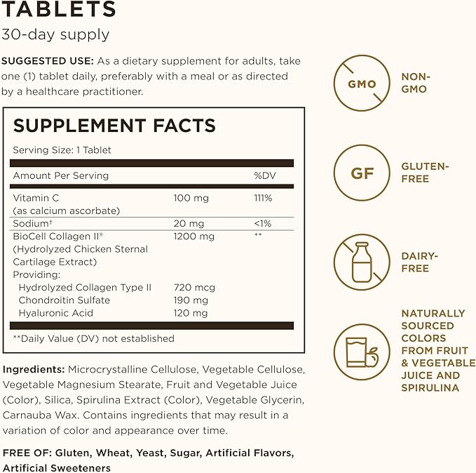 Solgar Collagen Hyaluronic Acid Complex, 30 Tablets - Hydrolyzed Collagen Type 2 - Helps with Fine Lines & Wrinkles - Boosts Skin Collagen & Elasticity - Non-GMO, Gluten & Dairy Free - 30 Servings