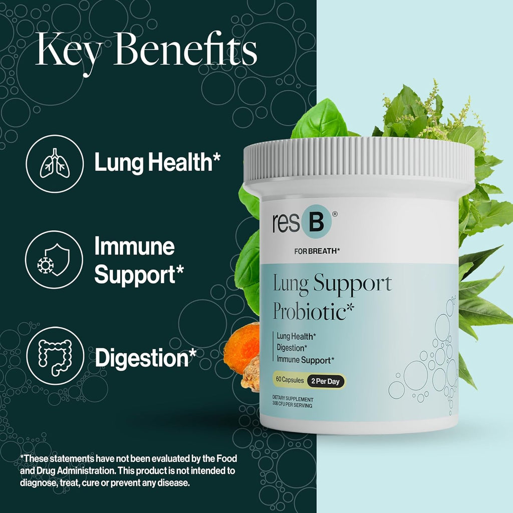 resB Lung Support Probiotic Supplement - Lung Health Supplement for Smokers, Gut Health, Immune Support, Respiratory Care, Holy Basil, Turmeric, Clinically Trialed - 180 Capsules (3 Bottles)
