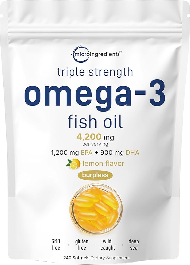 Micro Ingredients Triple Strength Omega 3 Fish Oil Supplements 4,200mg Per Serving, 240 Softgels – Lemon Flavored – Burpless | EPA 1,200mg + DHA 900mg | Deep Sea Fish