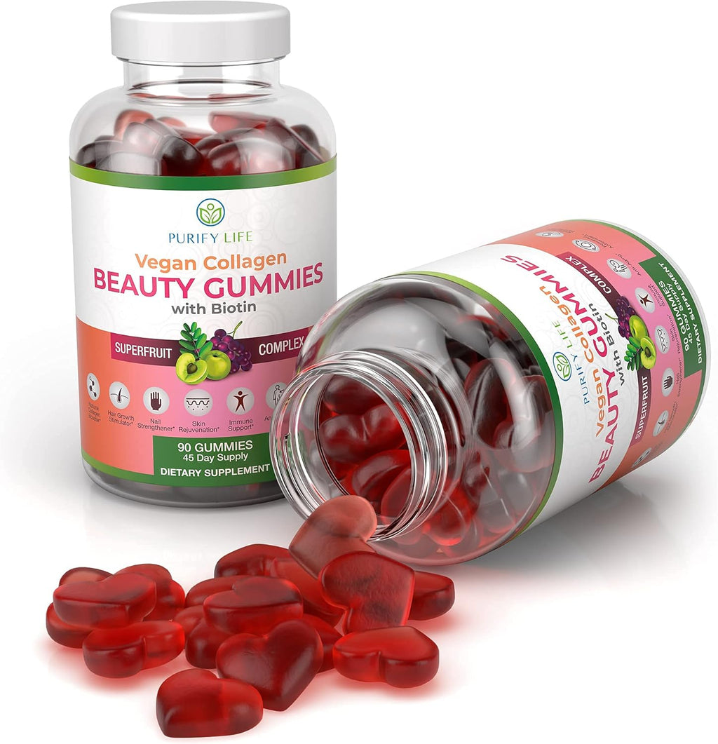 Purify Life Vegan Collagen Gummies with Biotin Vitamins for Hair Skin and Nails Health, (90 Chews) Collagen Support Superfruit Complex with Resveratrol, Vitamin A, E, C - Replace Capsules, Pills
