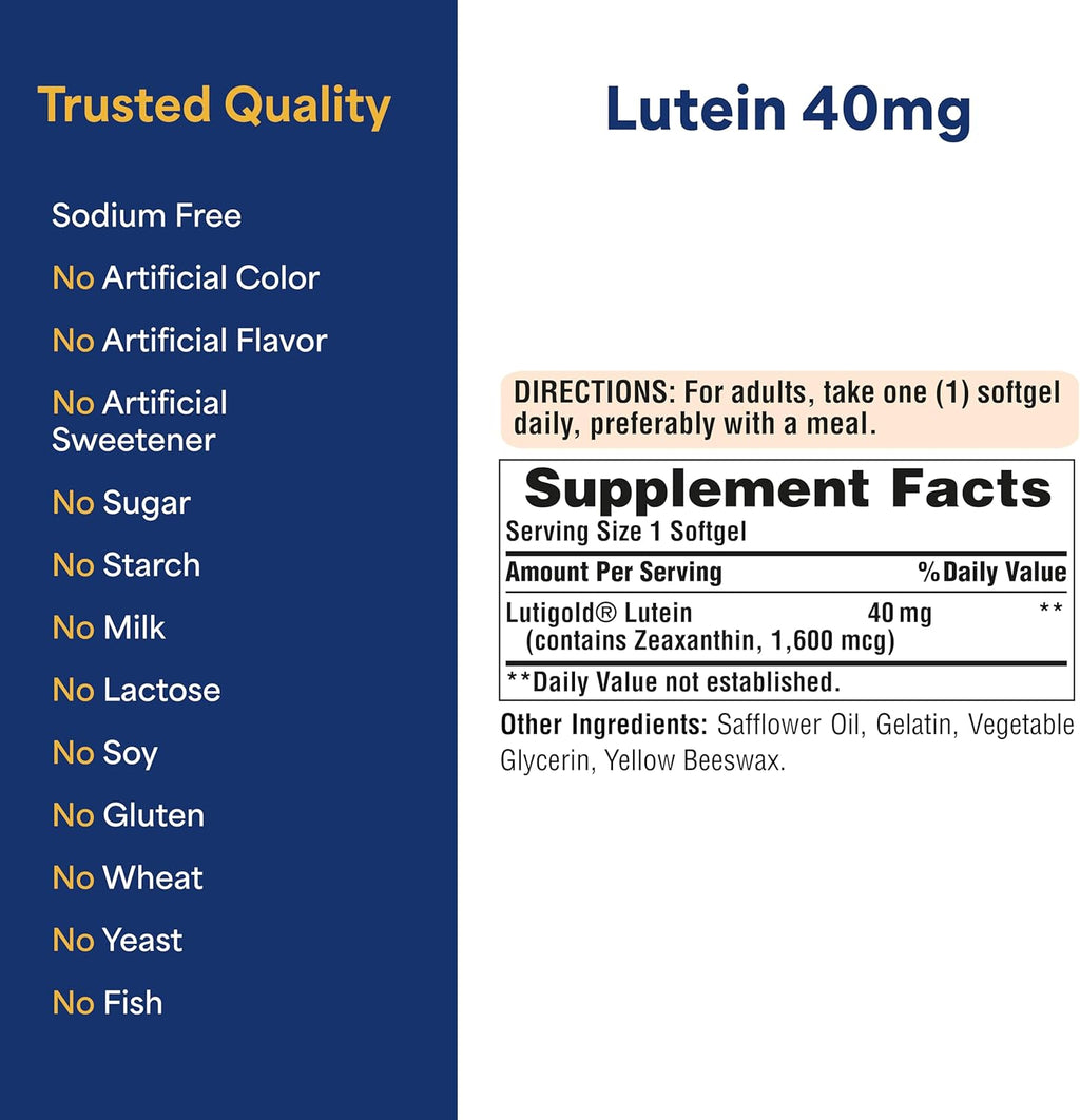 Puritan's Pride Premium Lutigold™ Lutein Carotenoid 40mg with Zeaxanthin for Men and Women, Dietary Supplement for Eye Health Support, 8 Month Supply, 120 Easy-to-Swallow Softgels, 2 Pack