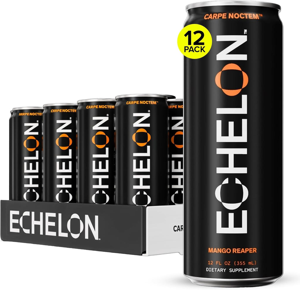 Echelon Pre-Workout Energy Drink - 12-Pack, Mango Reaper - Peak Performance, Sustained Energy, Focus and Endurance Dietary Supplement - 300mg of Caffeine, Beta-Alanine, L-Theanine & Fiber - Vegan