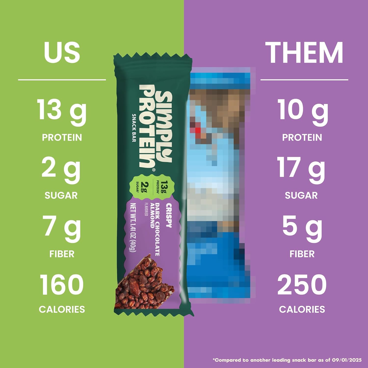 Simply Protein - Dark Chocolate Almond Crispy Bars - Plant Based Protein Bars - Low Carb, Low Sugar, High Fiber - 13g Protein, 2g Sugar, 7g Fiber - Vegan, Gluten Free, Non GMO, Kosher - 12 Bars