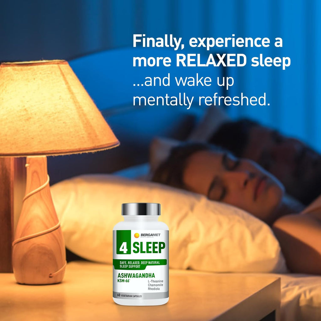 BergaMet 4 Sleep Support Formula with Ashwagandha KSM-66, Rhodiola, Chamomile Extract & L-Theanine – Natural Aid for Restful Nights and Stress Relief with no Melatonin – 60 Capsules