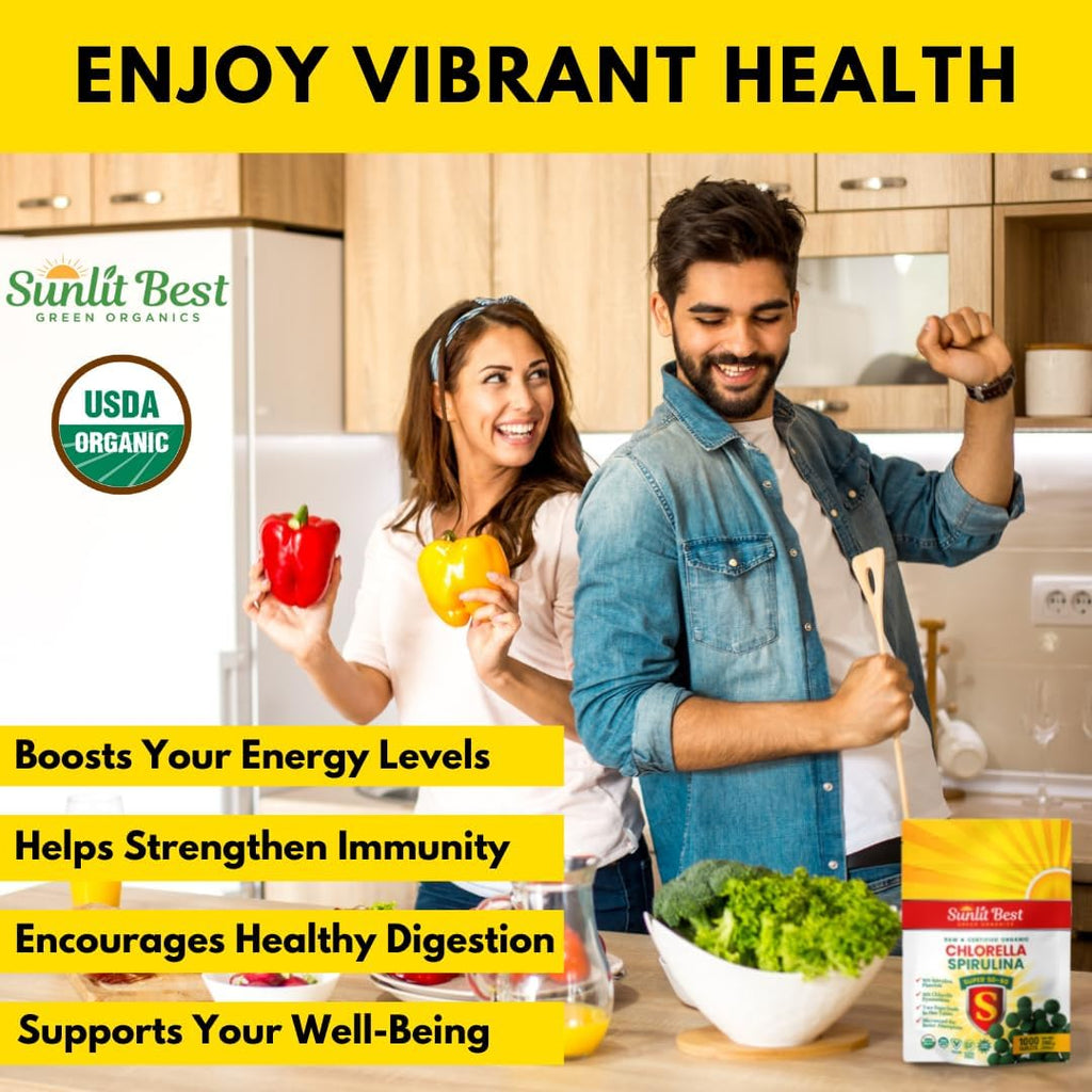 Sunlit Super 50/50 Organic Chlorella Spirulina Tablets - Super Greens Supplement for Immune Support, Gut Health, Mood & Energy - Rich in Chlorophyll, Amino Acids & Vegan Protein, 1000 Superfood Tabs