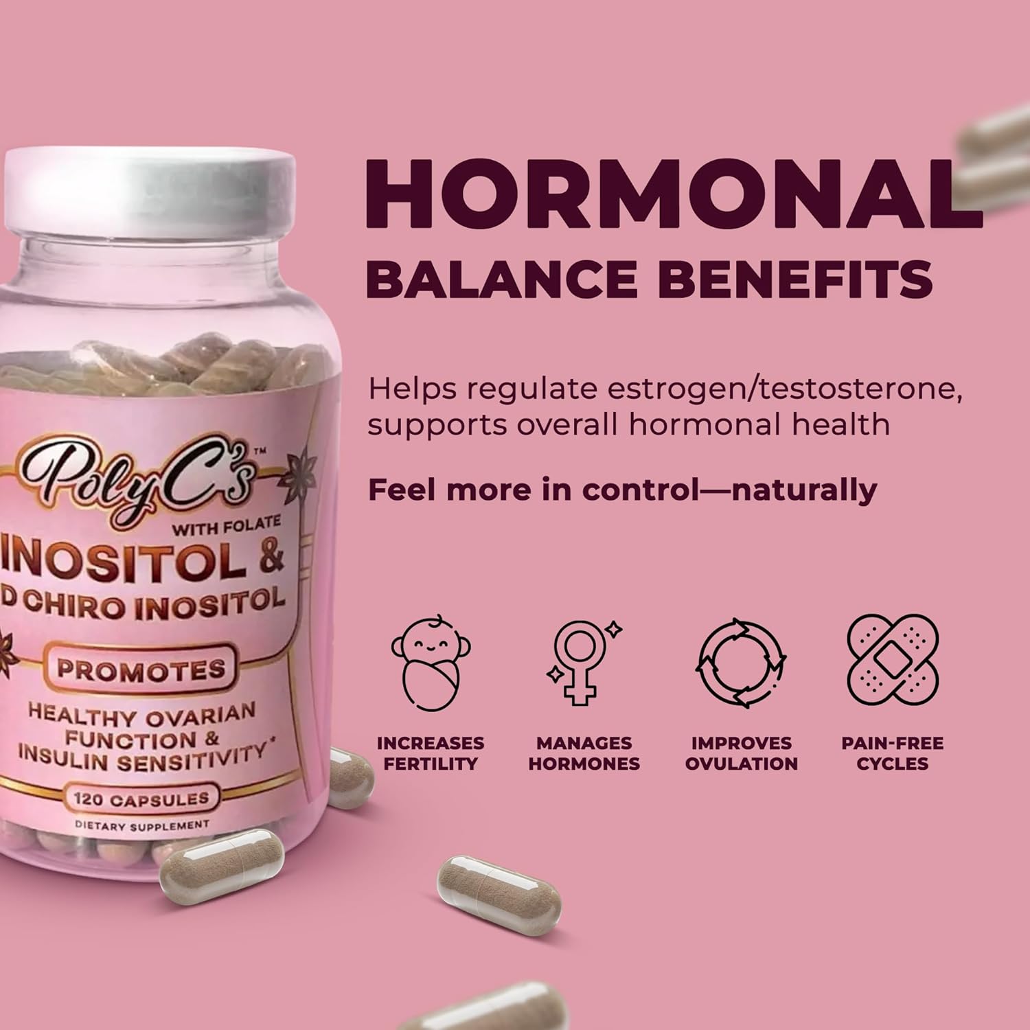 PolyC's Myo-Inositol & D-Chiro Inositol PCOS Supplement for Women 120 Capsules – Hormonal Imbalance, Fertility & Reproductive Wellness – Ovarian Hormone Stability, Menstrual Cycle Health with Folate