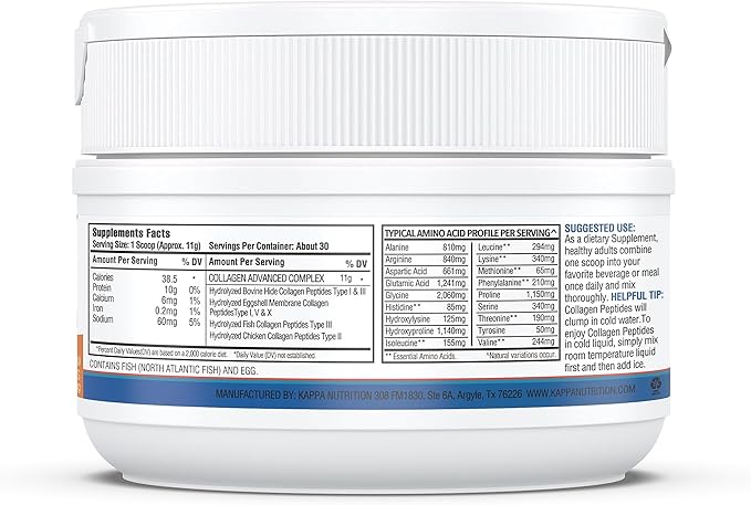 KAPPA NUTRITION Collagen Peptides Powder, 5 in 1 Multi-Collagen Advanced Complex with Hydrolyzed Collagen Peptides, Supports Skin, Hair, Nails, Joints & Bones / 30 Servings