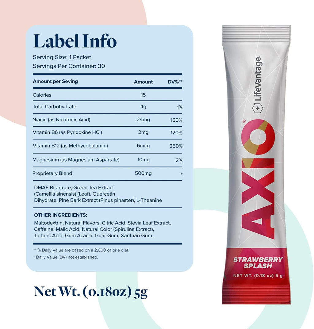 LifeVantage AXIO Regular Energy Drink Powder, Nootropic Supplement, Focus & Mood Support, with L-theanine, Green Tea, B Vitamins, DMAE, Quercetin & Pine Bark, Strawberry Splash, 30 Packets