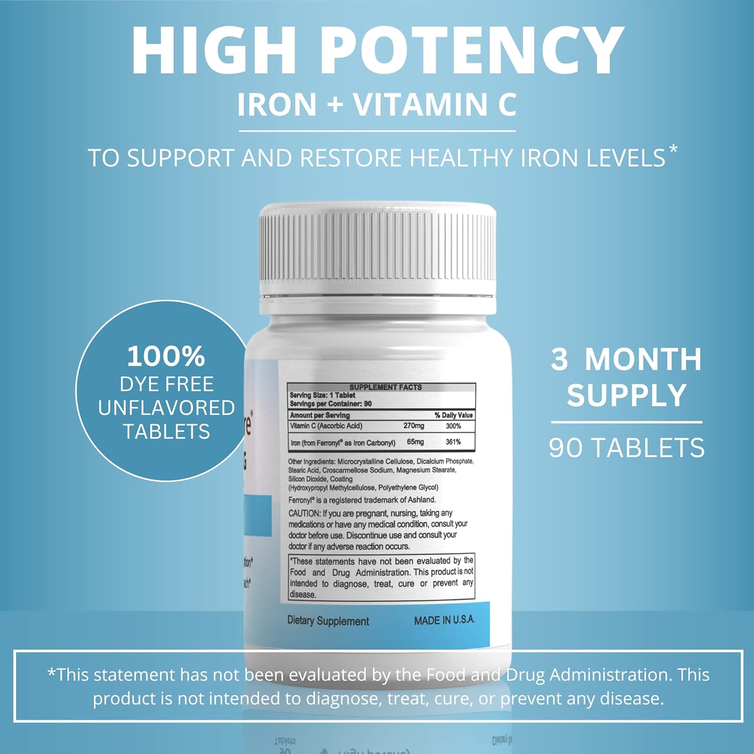 Carbonyl Iron Tablet 65 mg with 270 mg Vitamin C |180 Days Supply | for Women/Men | High Potency Bariatric Vitamins for WLS Patients Including Gastric Bypass | Dye Free (2)