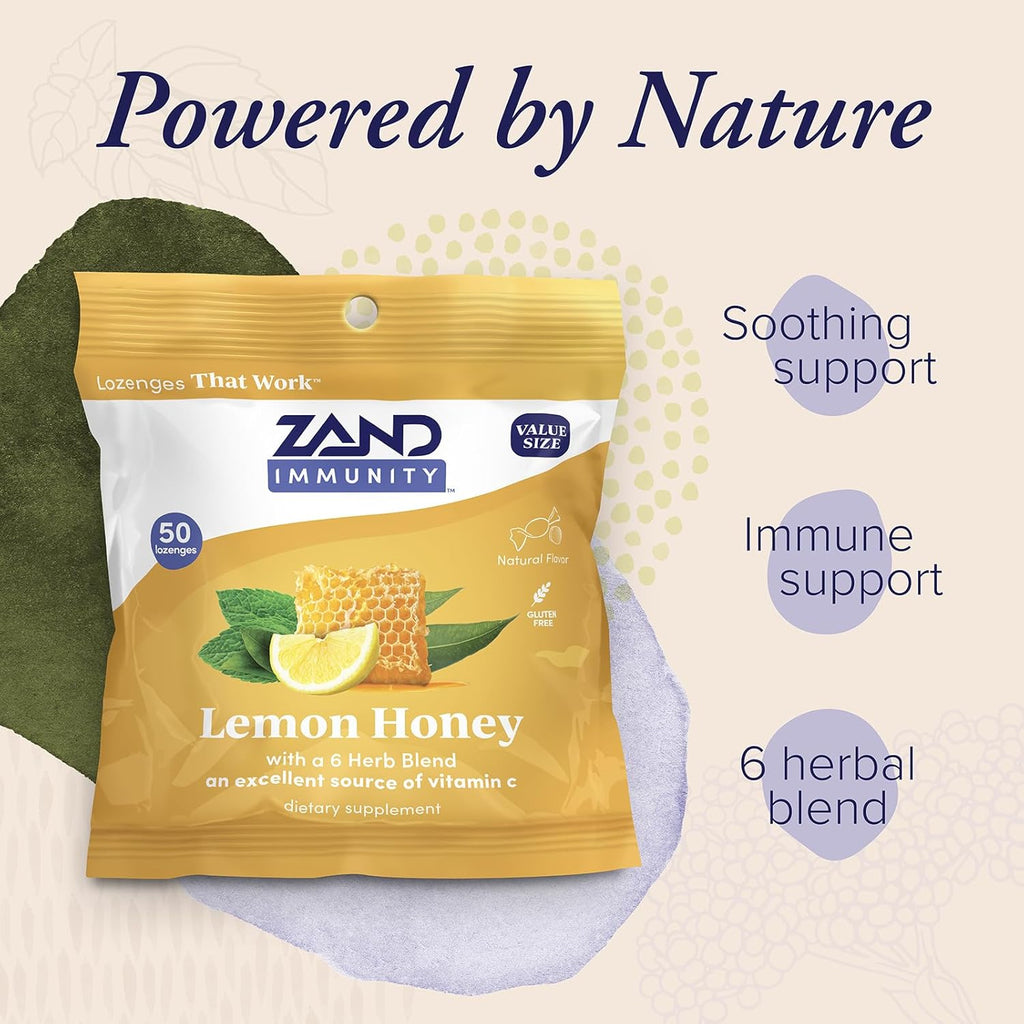 ZAND Immunity Lemon Honey Throat Lozenges 2 Pack with Vitamin C, Organic Honey - Good-for-You Dry Mouth Lozenges - Immune Support Supplement - Natural Flavor, Vegetarian, Gluten Free, 50ct ea