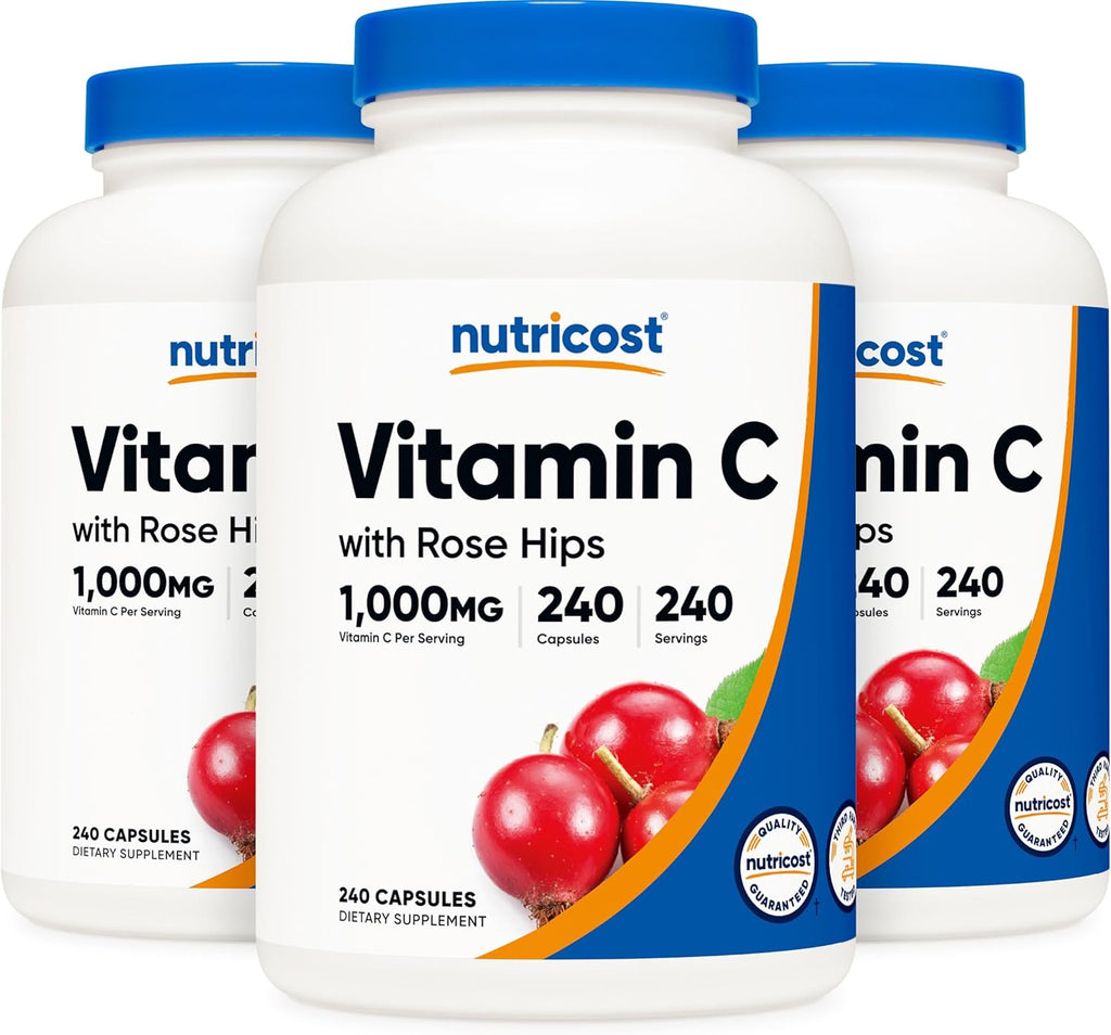Nutricost Vitamin C with Rose HIPS 1025mg, 240 Capsules (3 Bottles) - Premium Non-GMO, Gluten Free Vitamin C Supplement