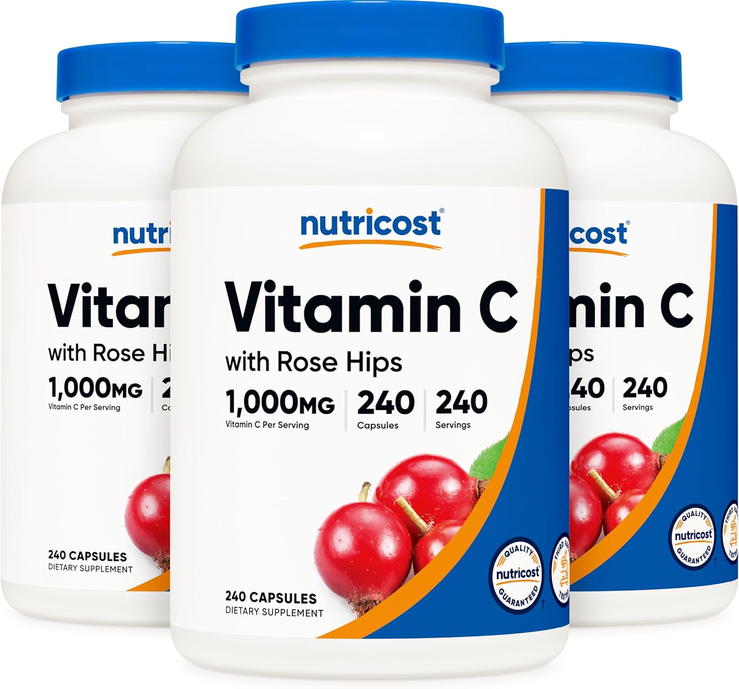 Nutricost Vitamin C with Rose HIPS 1025mg, 240 Capsules (3 Bottles) - Premium Non-GMO, Gluten Free Vitamin C Supplement
