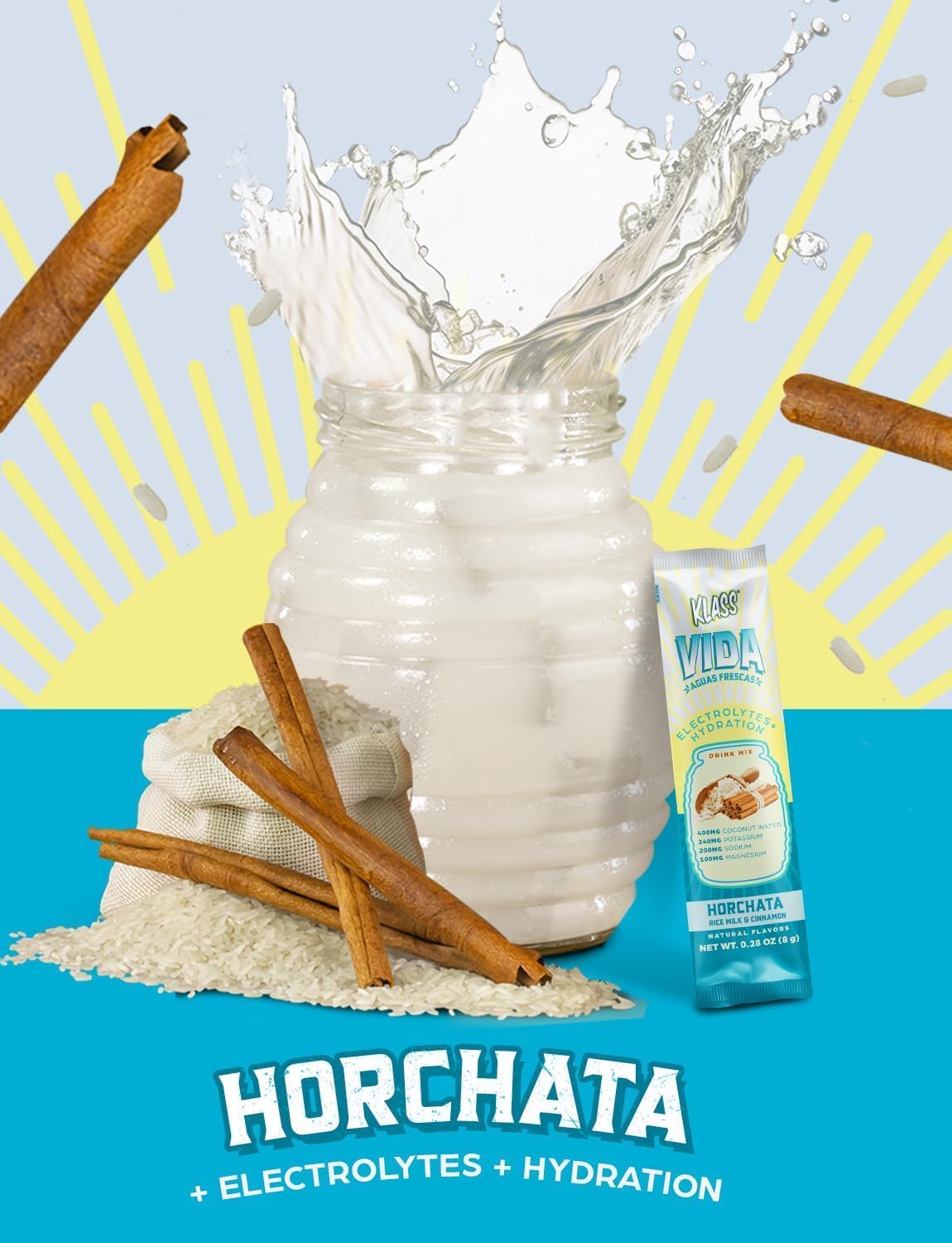 KLASS VIDA Electrolyte Drink Mix – Horchata Agua Fresca Flavor | Sugar-Free Hydration Powder with Coconut Water & Minerals | 15 Single-Serve Stick Packs in Resealable Pouch, Low Calorie, Natural Flavor