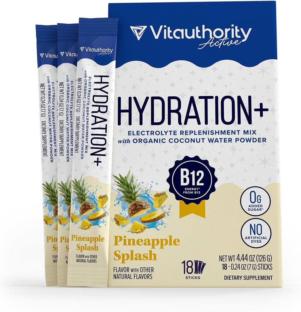 Hydration Electrolyte Powder Packets Blend Magnesium, Calcium, Sodium Potassium | Coconut Water + Vitamin C & B12 | Sugar-Free, Vegan, Non-GMO, Energy & Immune Support | 18 Servings Pineapple Flavored