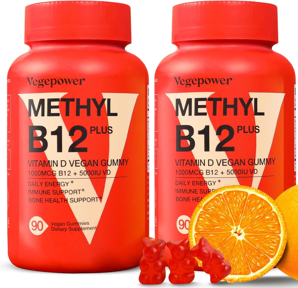 Vitamin B12 1000 mcg Gummies for Adults - Vegan Methyl B12 & D3 5000 IU Vitamin Gummy Supplements for Women - Supports Bone Health & Energy Boost - Non-GMO, Orange Flavor 180 Bears