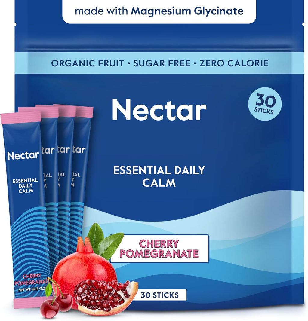 Nectar Calm Magnesium Glycinate Drink Mix - Sugar Free & Zero Calorie - with Organic Ashwagandha, Vitamin D, L-Theanine, Hydrating Electrolytes - Relax, Focus & Calm (Cherry Pomegranate 30 Sticks)