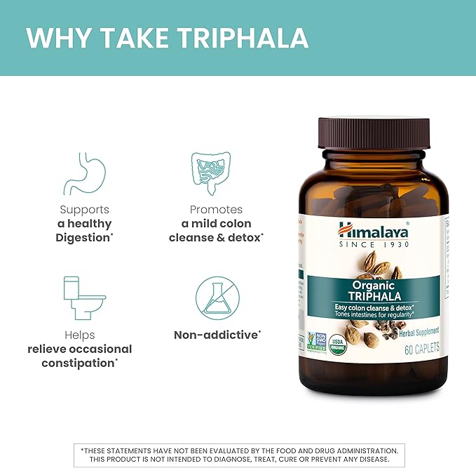 Himalaya Organic Triphala - Digestive Health Supplement for Colon Cleanse & Occasional Bloating and Constipation Relief - USDA Organic, Vegan, Non-GMO, Gluten Free, 688 mg, 30 Caplets