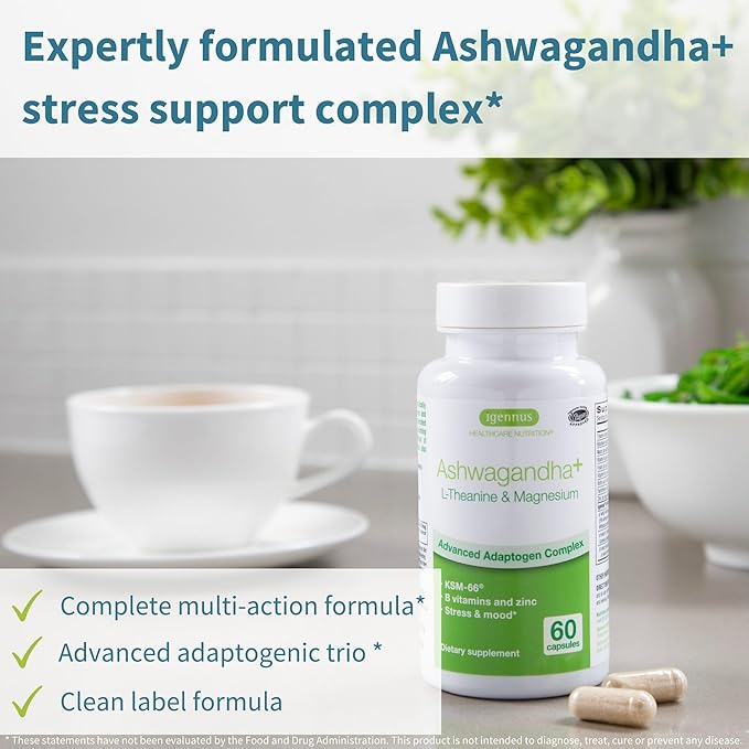 Igennus High Strength Ashwagandha, Magnesium, & L-Theanine Stress Relief Complex, KSM-66 Root Extract Adaptogens, Boosted with Methylfolate, Zinc & Biotin Clean Label, 60 Fast Acting Capsules