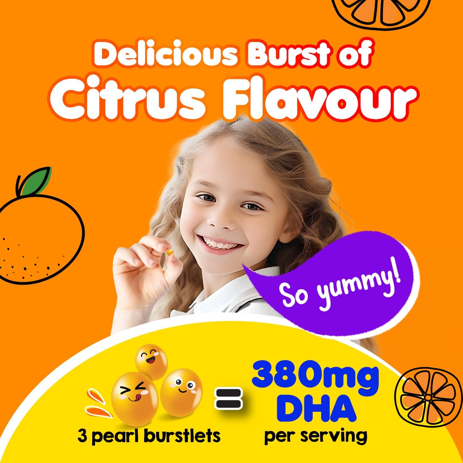 LABO Nutrition I My Kids Brain & Bones Chewable Burstlet, Gluten Free, for Stronger Bones & Behavioral Management, 76% Ultra-Concentrated rTG Form Omega 3 DHA Fish Oil, Vitamin D3 & K2, Orange