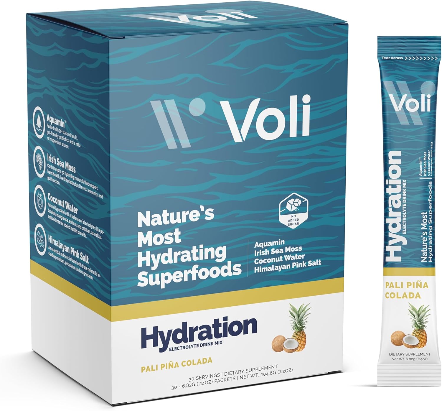 Voli Electrolytes Powder Packets | No Added Sugar Electrolyte Drink Mix for Hydration | Keto & Fasting Friendly, Natural Superfoods & Minerals | Pina Colada, 30-Count