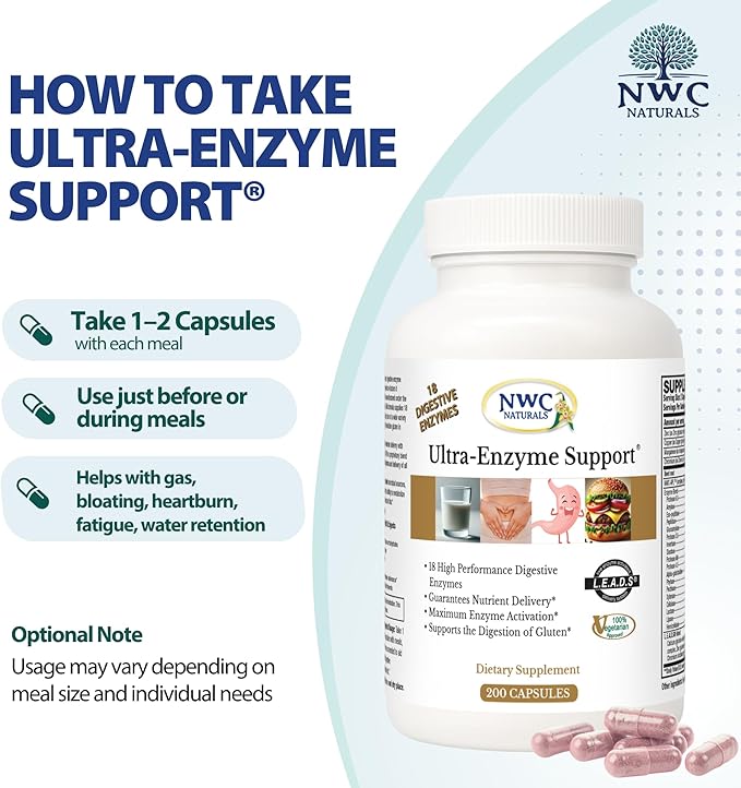 NWC Naturals Ultra-Enzyme Support, Natural Digestive Supplement, Promotes Optimal Health and Digestion, 200 count Capsules