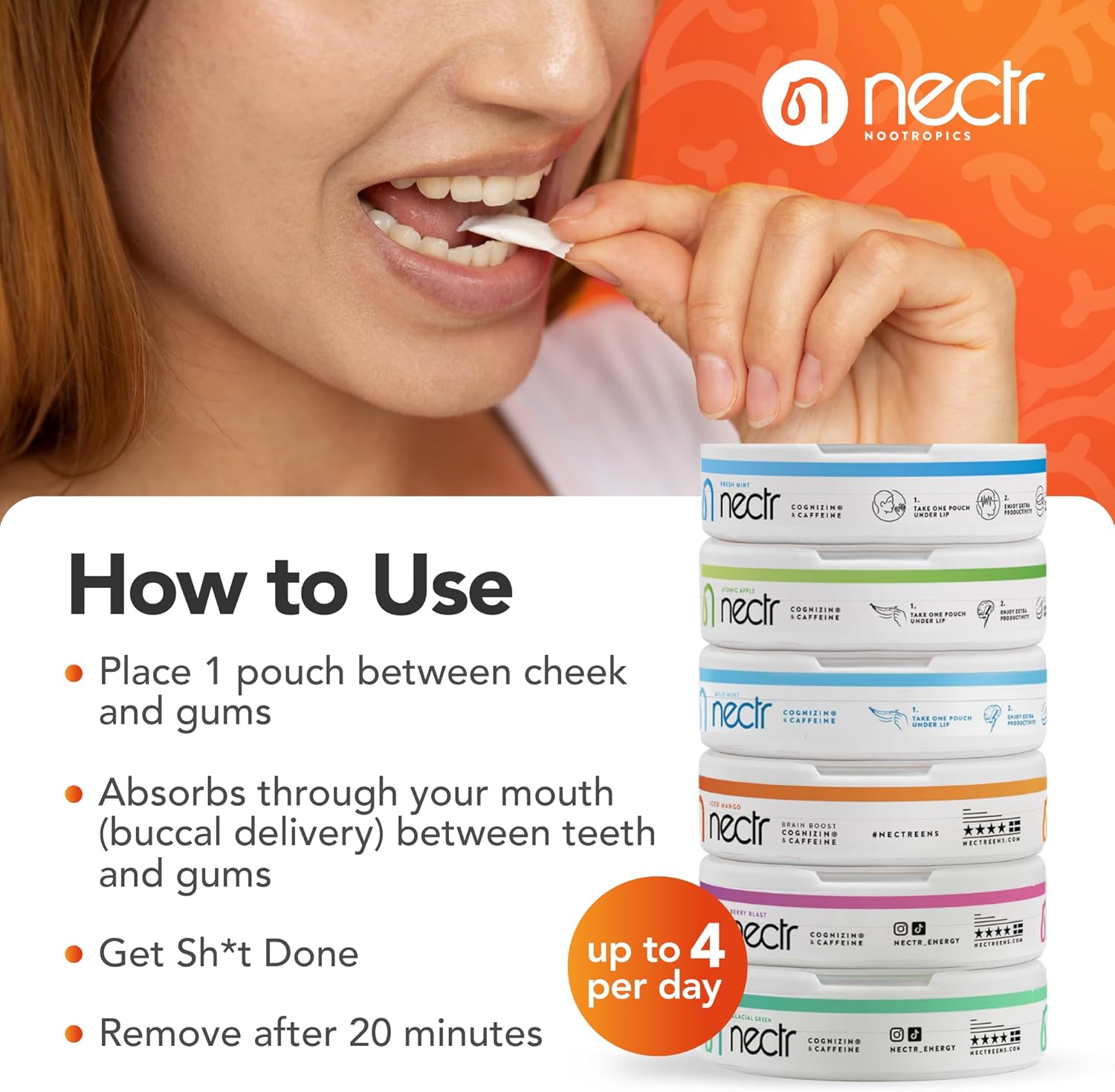 Nectr Energy Nootropic Pouches – Iced Mango Flavored, Caffeine Pouches with Cognizin® Citicoline. Sugar-Free Brain Treats. Smooth, Sustained Focus & Energy Supplement - 5 Pucks of 16pcs
