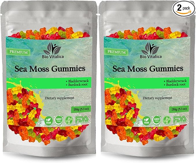 BIO VITALICA Sea Moss Gummies – with Bladderwrack & Burdock Root – Wildcrafted Gel + Powder – Vegan, Keto, Non-GMO, Gluten-Free – Fruity Mineral-Rich Gummies – 50 Count (2 Pack)